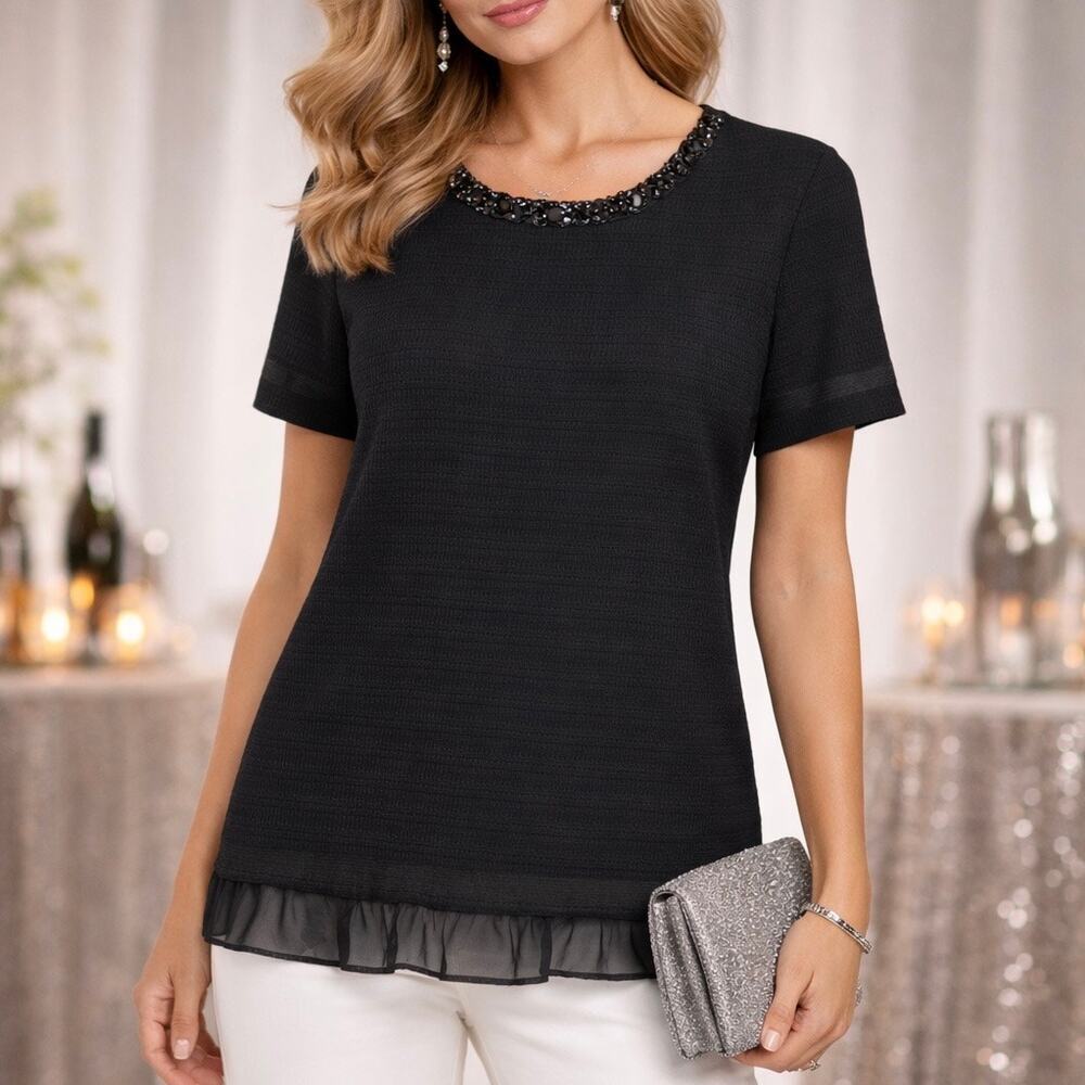 NWT MING WANG Ruffle Floral Sequin Embellished Short-sleeve Black Top Blouse 2X
